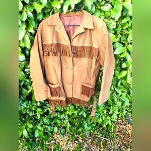 Vintage 70s or y2k style Brown Faux Suede Western Fringe Coat Hippie Jacket Belt